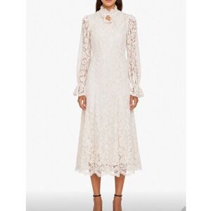 Tensione In Womens Ivory Floral Lace High Neck Dress Made in Italy M Feminine
